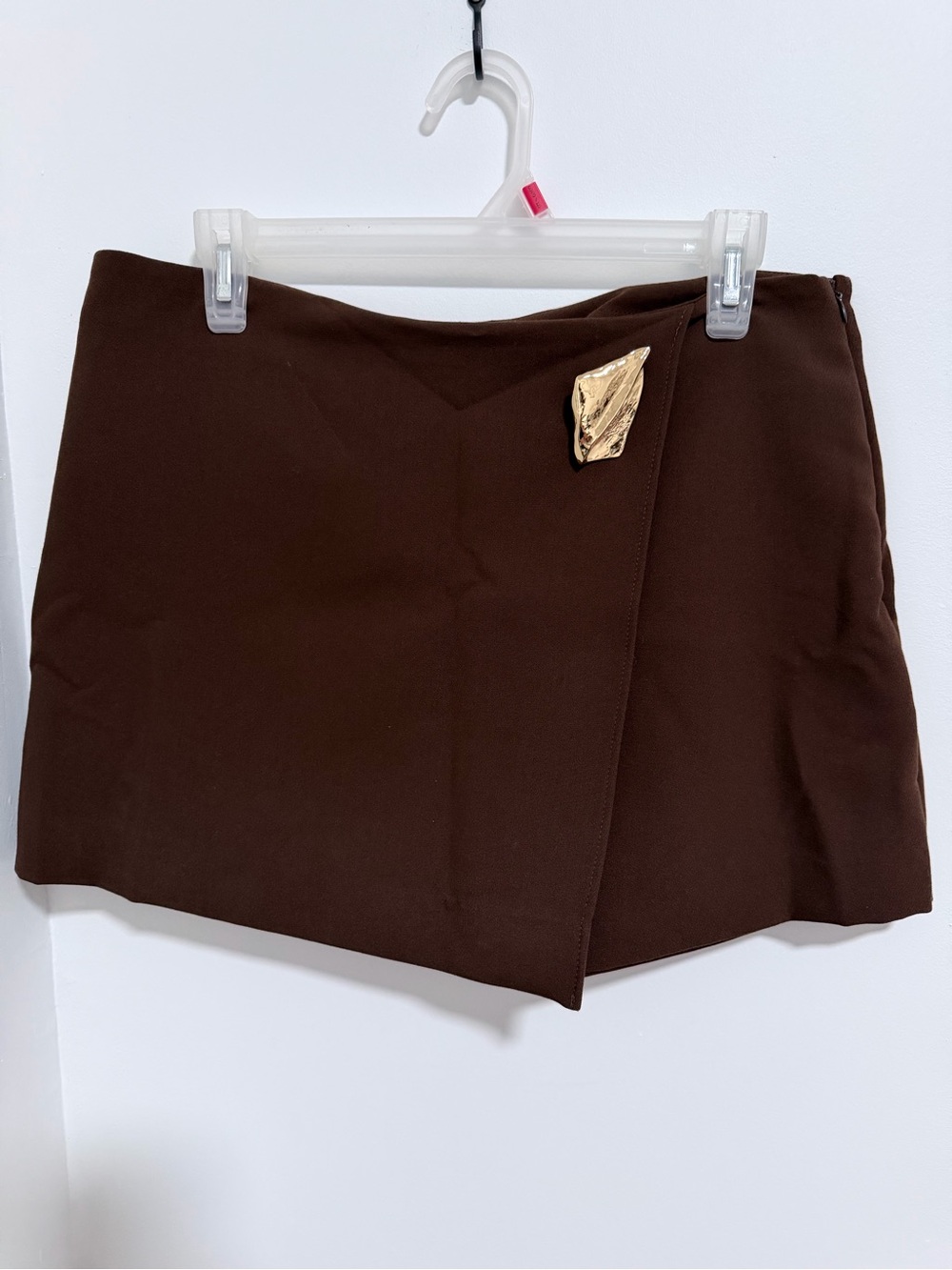 Zara Chocolate Brown Asymmetric Mini Skort with Gold Badge